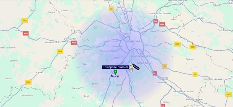 Carte de la zone d'intervention de l'entreprise Garnier: Muretain, Sicoval, Toulouse Métropole, Grand Ouest Toulousain, Hauts Tolosans, Frontonnais