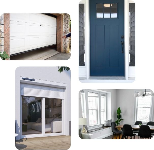 Photos de réalisations de remplacements ou fourniture de menuiseries alu et PVC : porte de garage, porte d'entrée, volet roulant et baie vitrée, fenêtres
